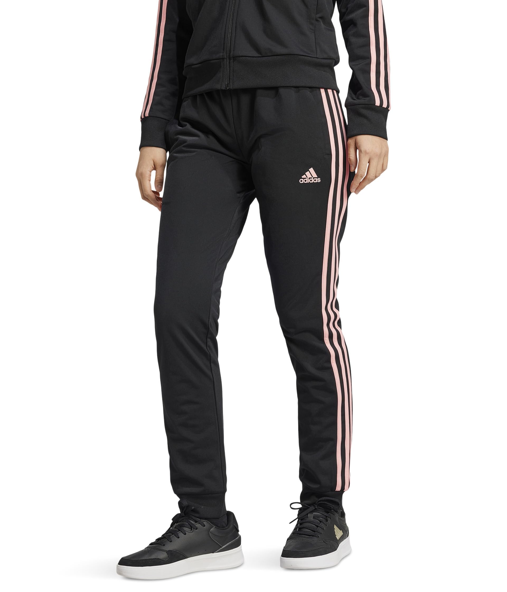 Photo 1 of adidas Women's Essentials Warm-Up 3-Stripes Slim Tapered Track Pants, Black/Semi Pink Spark, X-Small
