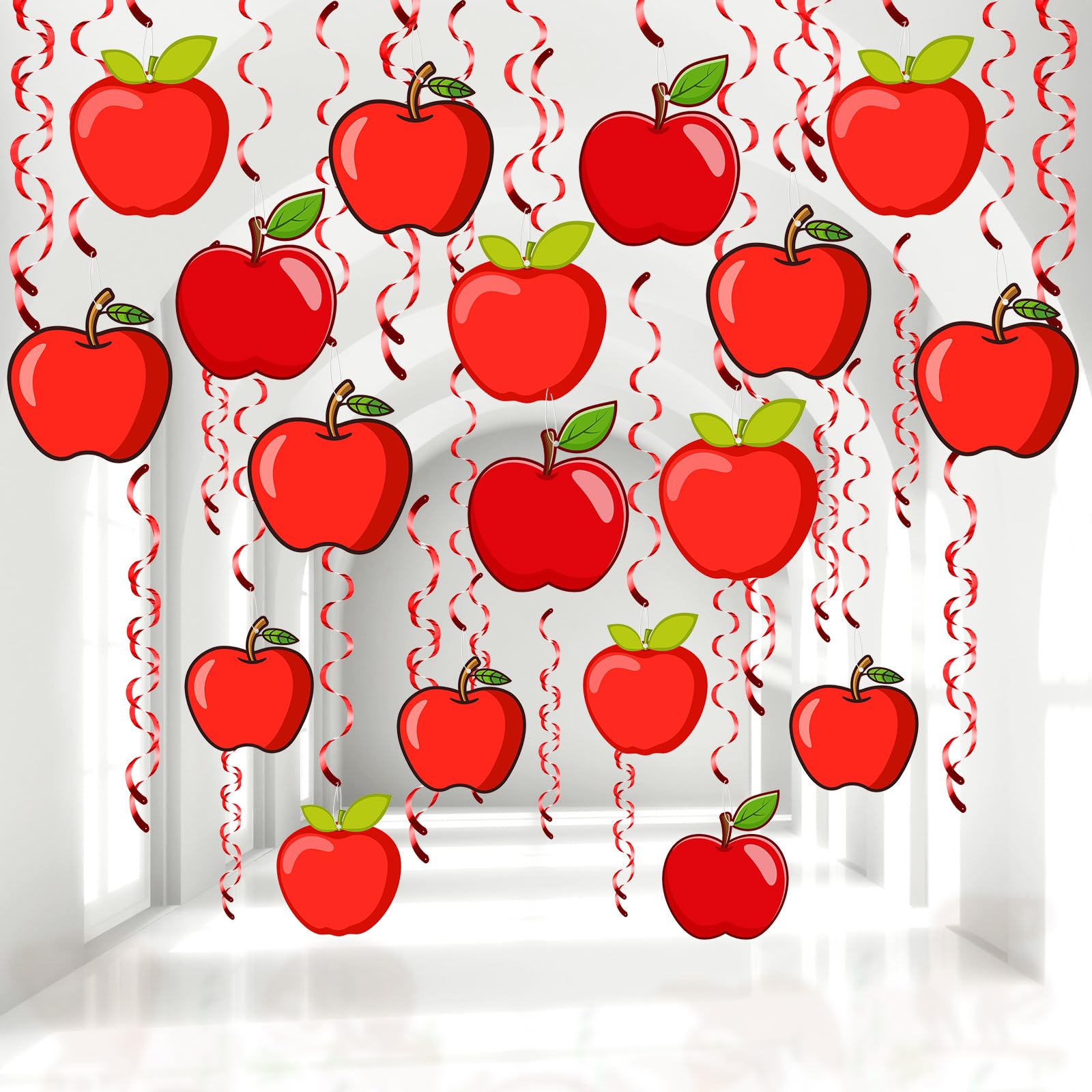 Photo 1 of Rotatingpals 48 Pcs Back to School Red Apples Hanging Swirl Decorations Apples Decorations for Classroom First Day of School Party Favors
