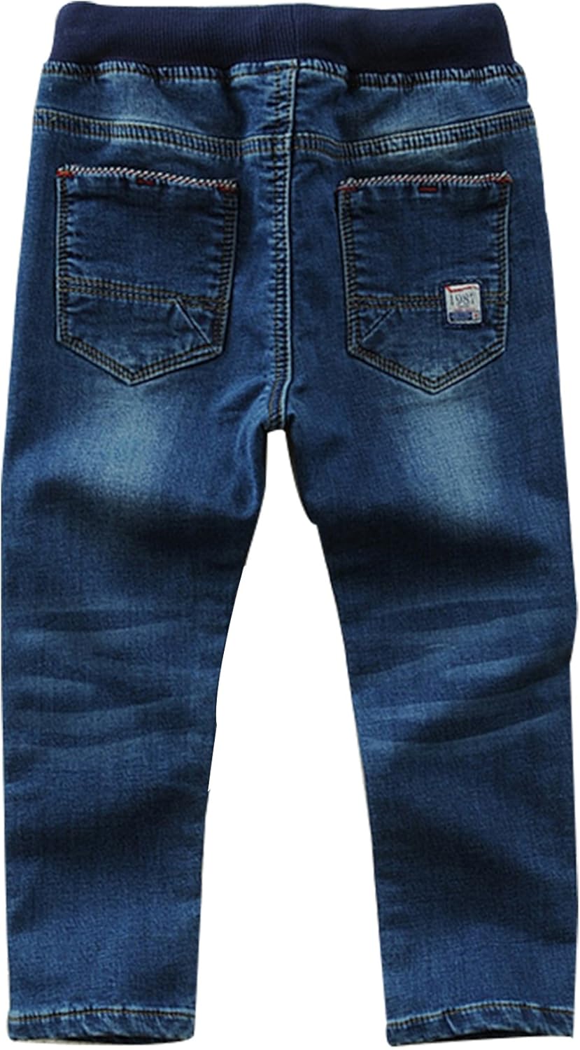 Toddler Kid Boy Elastic Mid Waist Washed Full Length Straight Pants Denim Jeans: Clothing