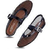EMMA NEW YORK Mesh Ballet Flats for Women | Breathable Fishnet Upper, Buckle Strap, Mary Jane, Ballet Flat Shoes