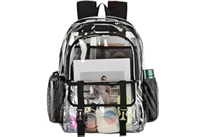 KUI WAN Clear Backpack, Large Clear Bag Stadium Heavy Duty PVC Transparent See Through Backpacks for Boys Girls, College, Work, Black