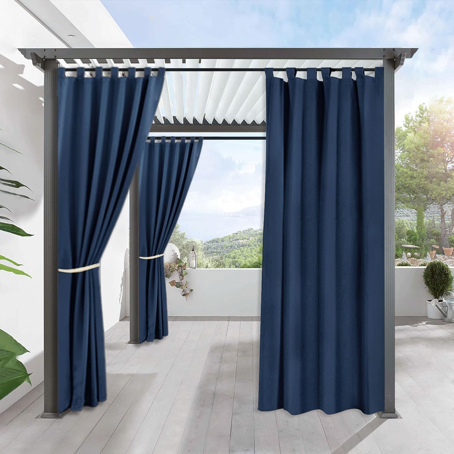 Outdoor Curtains - RYB HOME Waterproof Outdoor Curtains 84 inches Long, Water & Stain Resistant Windproof Drapes Blackout Outside Curtains for Gazebo Porch Cabana, W52 x L84 inches, 1 Panel, Navy Blue