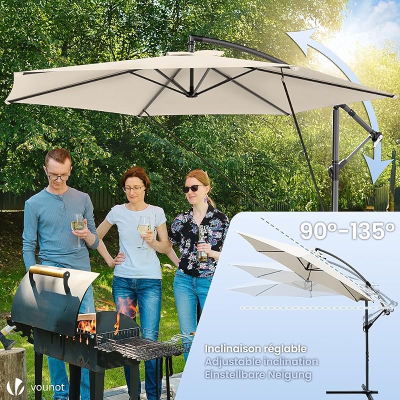 ® 300 cm Parasol Excentrico, Sombrilla de Jardín con Manivela, Funda Protectora y Correa de Fijación, Protección UV, Beige