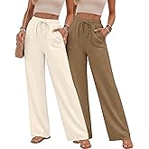 Neer 2 Pack Women's Linen Long Pants, Summer Drawstring Elastic Waist Flowy Straight Pant Casual Loose Beach Pant with Pocket