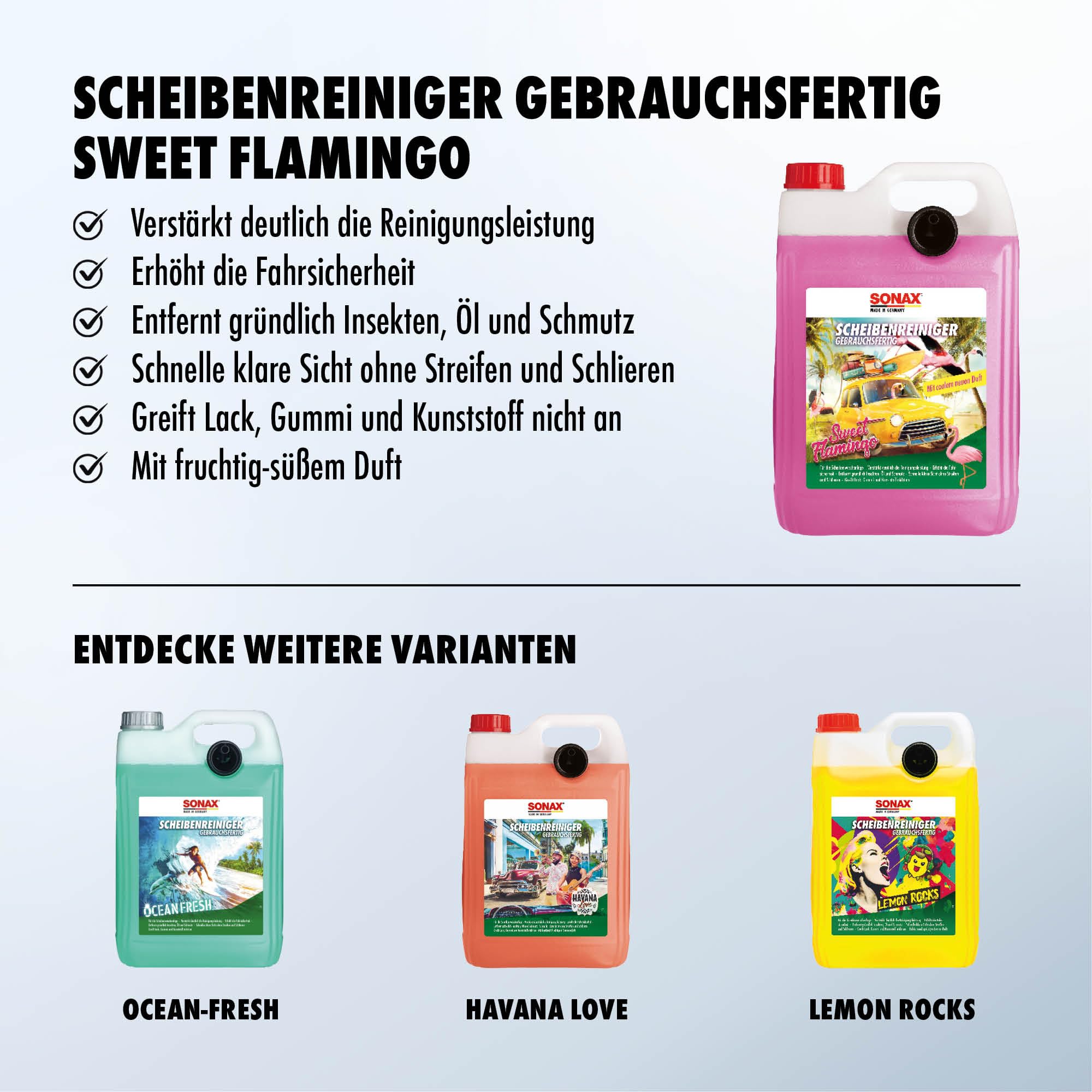 SONAX ScheibenReiniger gebrauchsfertig Sweet Flamingo (5 Liter) verstärkt die Reinigungsleistung und erhöht die Fahrsicherheit | Art-Nr. 03945000 3