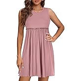 LYANER Women's Rib Knit Round Neck Frill Trim Flowy Shift Sleeveless Tank Mini Short Dress