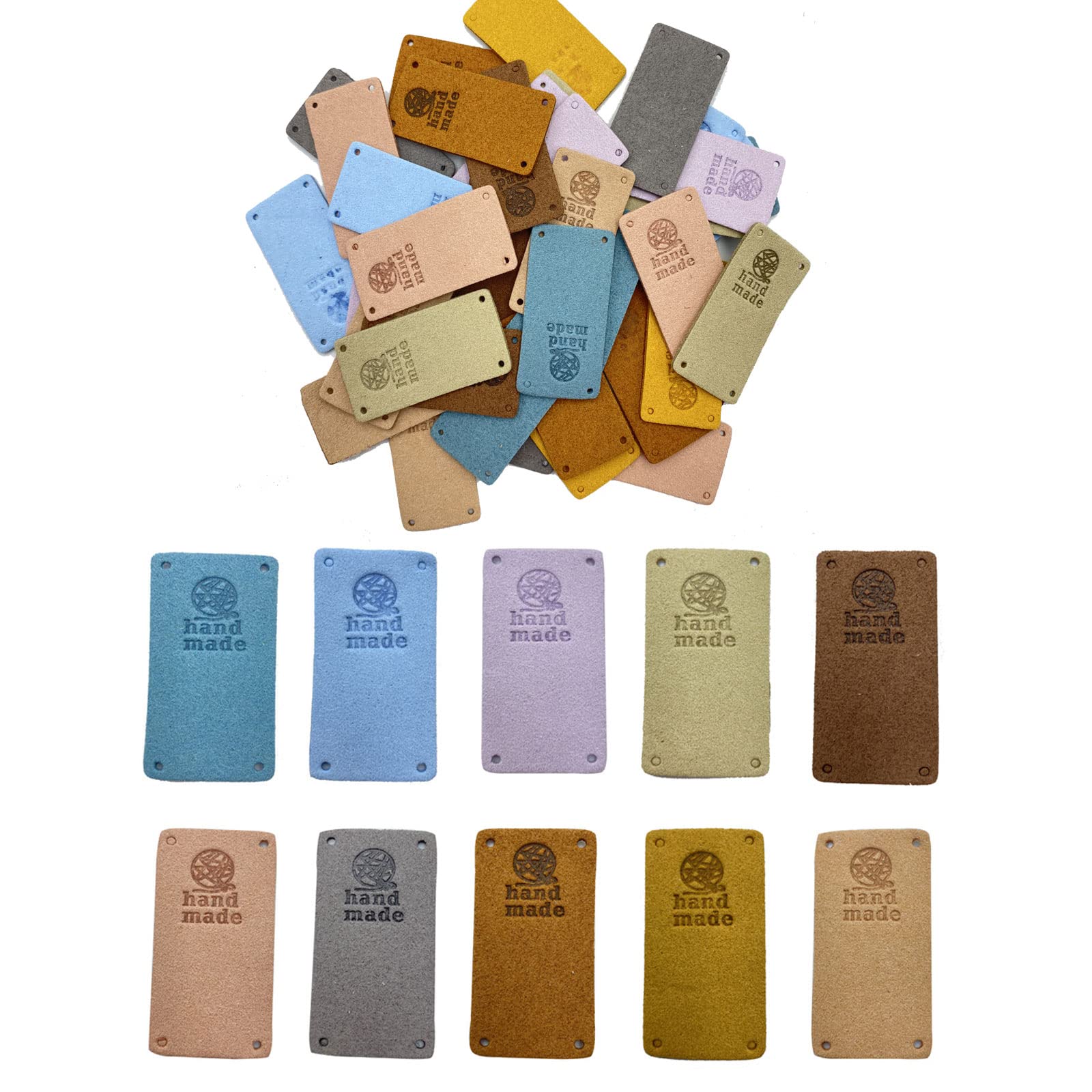 WiYould 40 Pcs PU Leather Label Faux Leather Handmade Sew on Tag Label Handmade Embossed Tag Embellishment Crochet Knit DIY Jeans Bags Shoes Hat Apparel Accessories(Yarnball 10C-R)