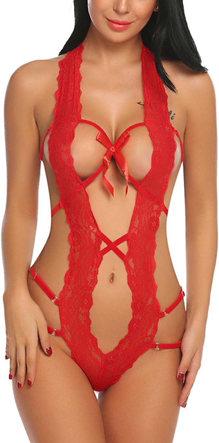 Avidlove Women Deep V Halter Lingerie Teddy One Piece Bodysuit Lace Babydoll: Clothing