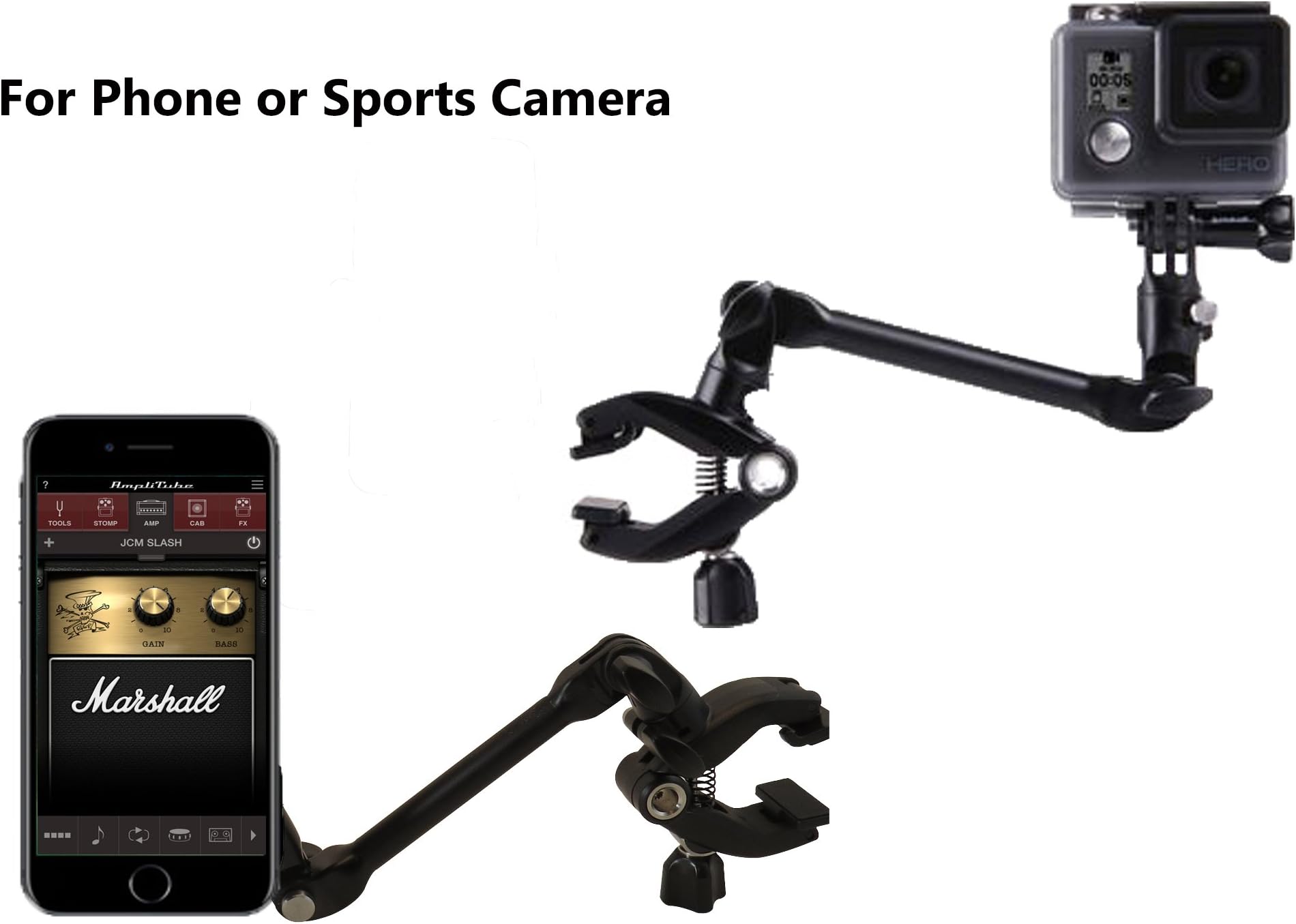 Magnetic 360-degree Adjustable Desktop or Guitar Mic Bass Drum Keyboard Music Stand Mount for Phone or Action Cameras. Compatible with iPhone, Samsung, Android, and GoPro Style Cameras.