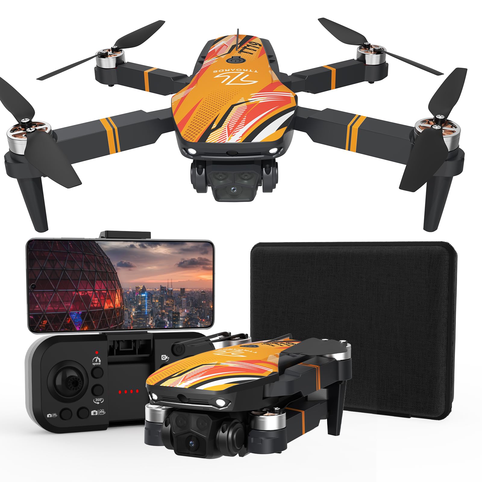 TTROARDS TT19 Mini Drone with Camera, 1080P HD Camera 270° Obstacle Avoidance Brushless Motor Level 3 Wind Resistance, Foldable Quadcopter Drones for Beginners, Orange