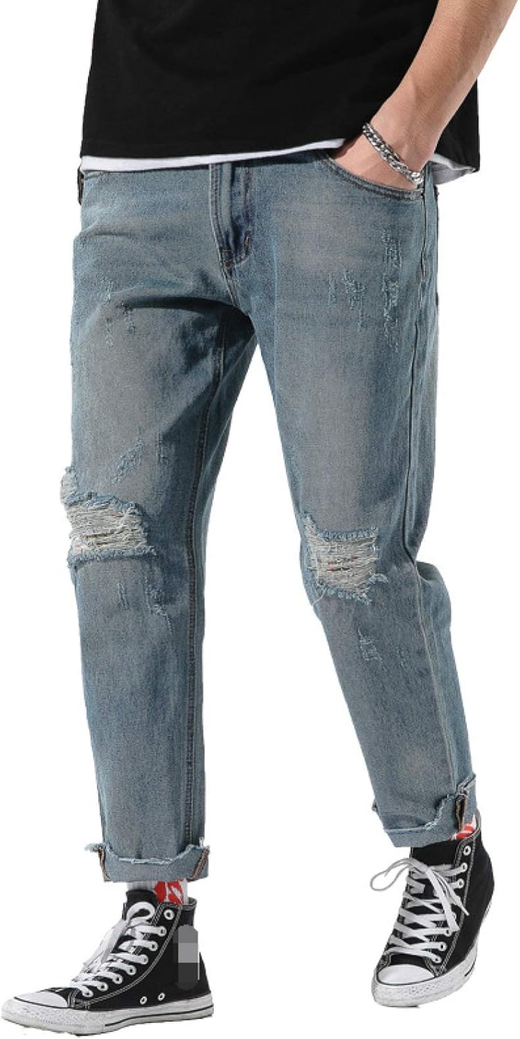 Men's Straight Fit Jeans Hole Slim Straight Solid Color Spring Korean