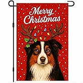 BlissYard Christmas Garden Flag 12x18 Inch Welcome Australian Shepherd Dog Outdoor Flag Double Sided Holiday Puppy Yard Banner with Antlers and Lights for Porch Lawn Patio