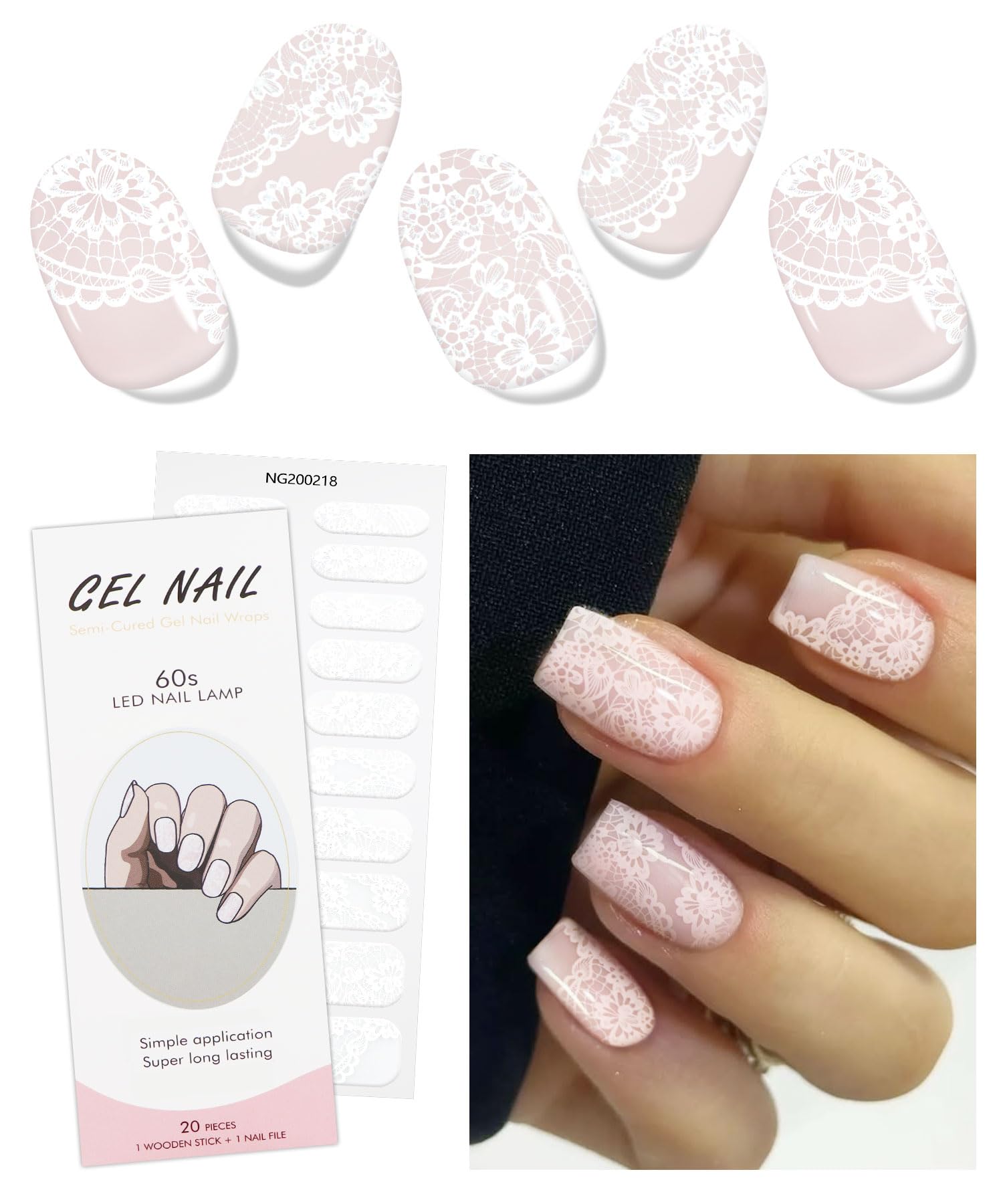JMEOWIO Gel Nail Stickers White Flower Semi Cured Gel Nail Strips Wraps UV/LED Nails Art Design Decoration Accessories