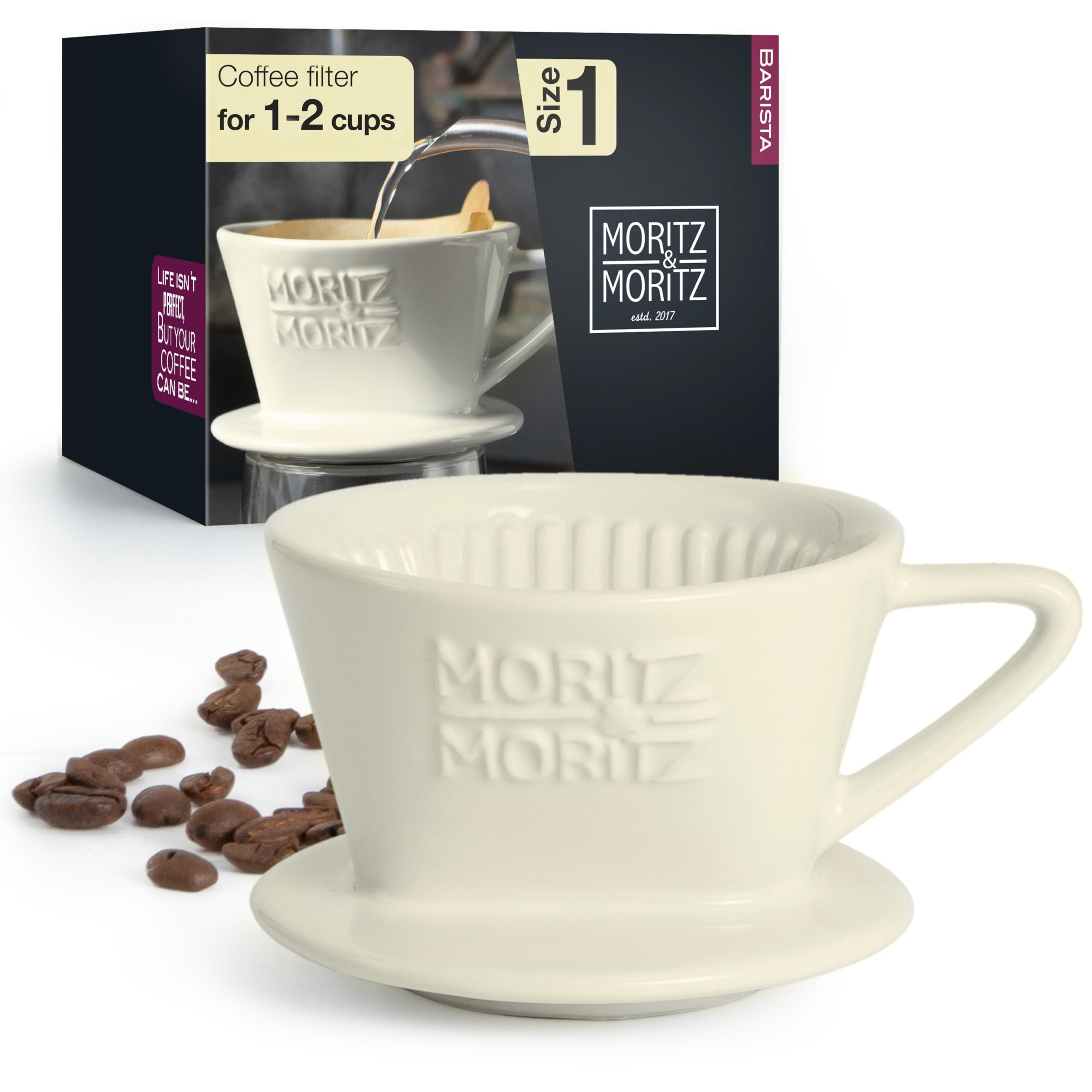 Moritz & Moritz Coffee Dripper Ceramic Size 1 – Perfect Pour Over Coffee – Classic White Porcelain Filter Cone for Rich Aroma