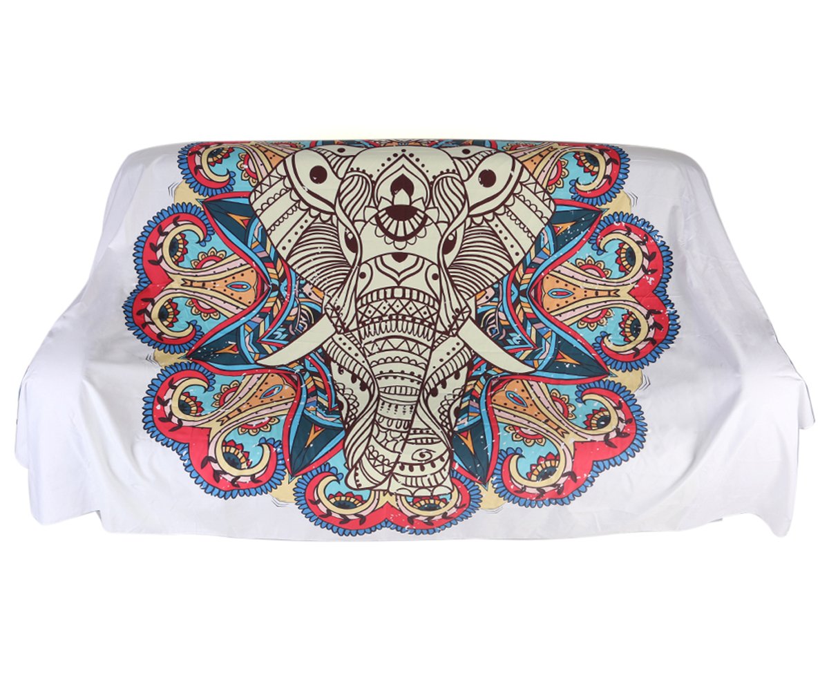 Mandala Elephant Tapestry - Indian Bohemian Hippie Art Wall Hanging White Home Decor Multipurpose Cloth as Bedspread, Backdrop, Room Divider - Queen Size, 80 x 60 inches
