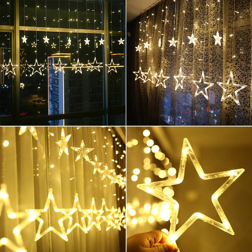 BLOOMWIN Christmas Window Lights 2m x 1m 138 LEDs 12 Stars Curtain Fairy Light Xmas Decoration for Indoor Party Bedroom(Warm White/Battery Operated) - Image 4