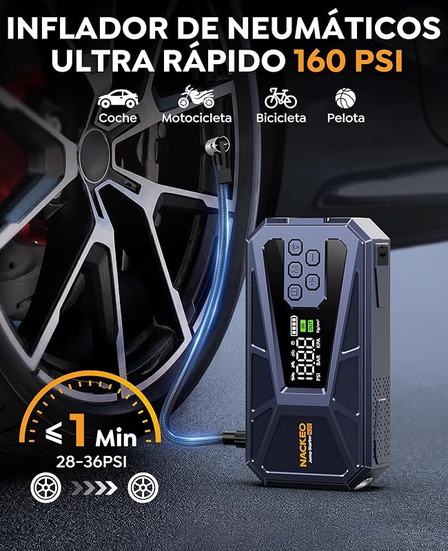 Arrancador de Baterías de Coche 8000A con Compresor 160 PSI, 12V Arrancador de Coches Portátil (Todo Gasolina o 12L Diésel), Arrancador de Coche con Linterna LED, Pantalla LCD y Carga Rápida