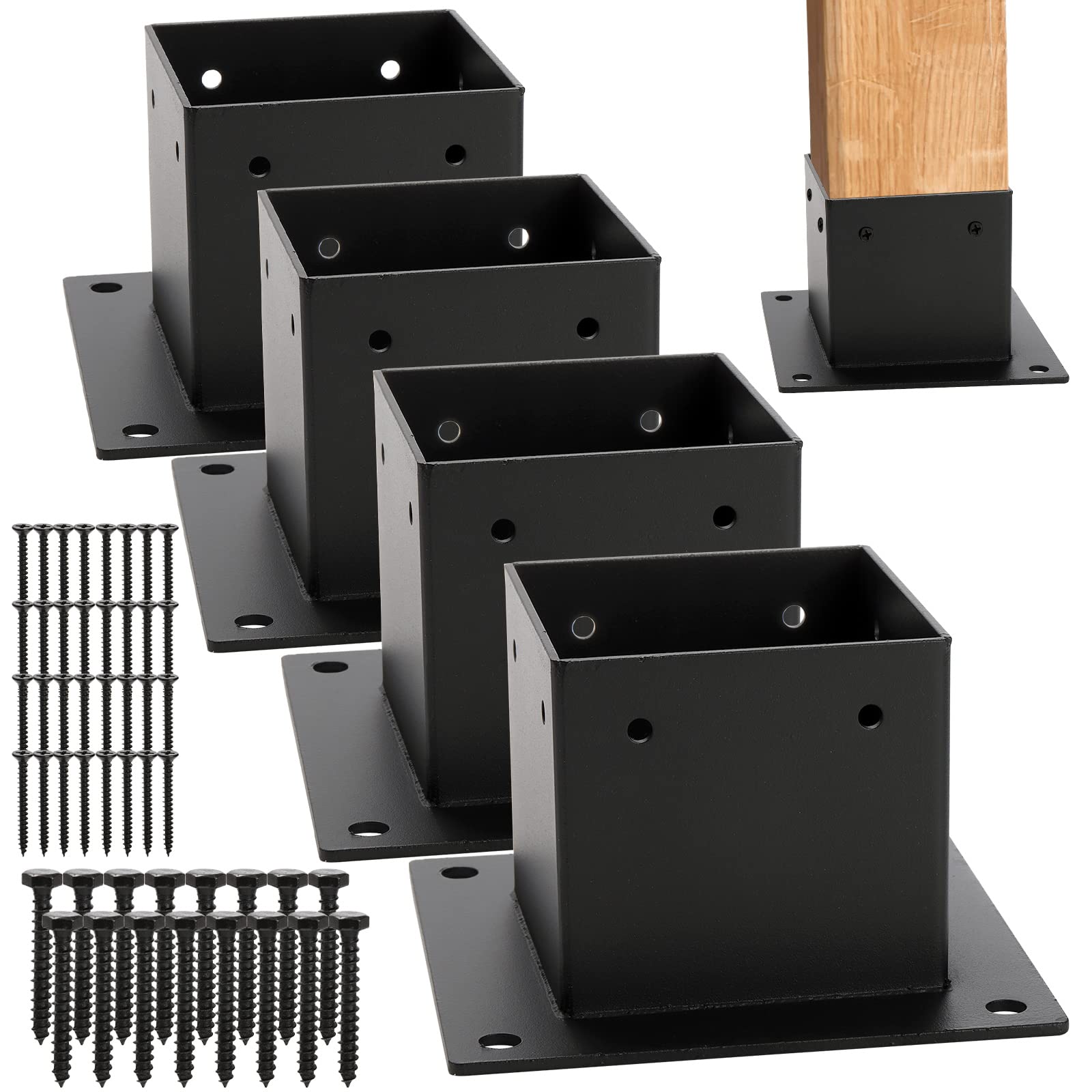 Photo 1 of Yesland 4 Pack 4 x 4 Post Base, Inner Size 3.6 X 3.6 Inch Iron Post Bracket with Black Coating Heavy Duty Flange Anchor Base, Support Deck Base with Screws for Pavilion, Deck Railing, Fence, Mailbox