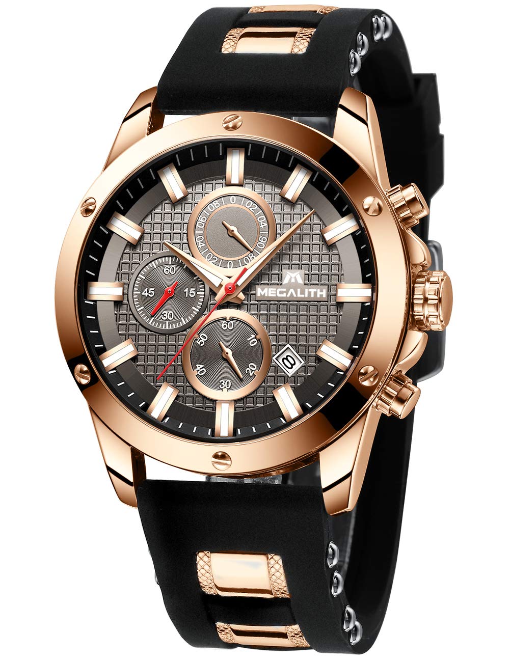 MEGALITH Mens Watches Men Chronograph Waterproof Sports Black Designer Large Face Luminous Date Wrist Watch Fashion Rubber Blue Analogue Quartz Watches for Man