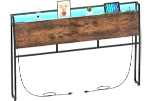 GiftGo Queen Size Headboard Ergonomic Headboard with 4 Outlets and 4 USB Ports LED Light Adjustable Height Storage Rack Sturdy and Stable Metal Frame & Wood Shelf Easy Assembly (Brown, Queen)