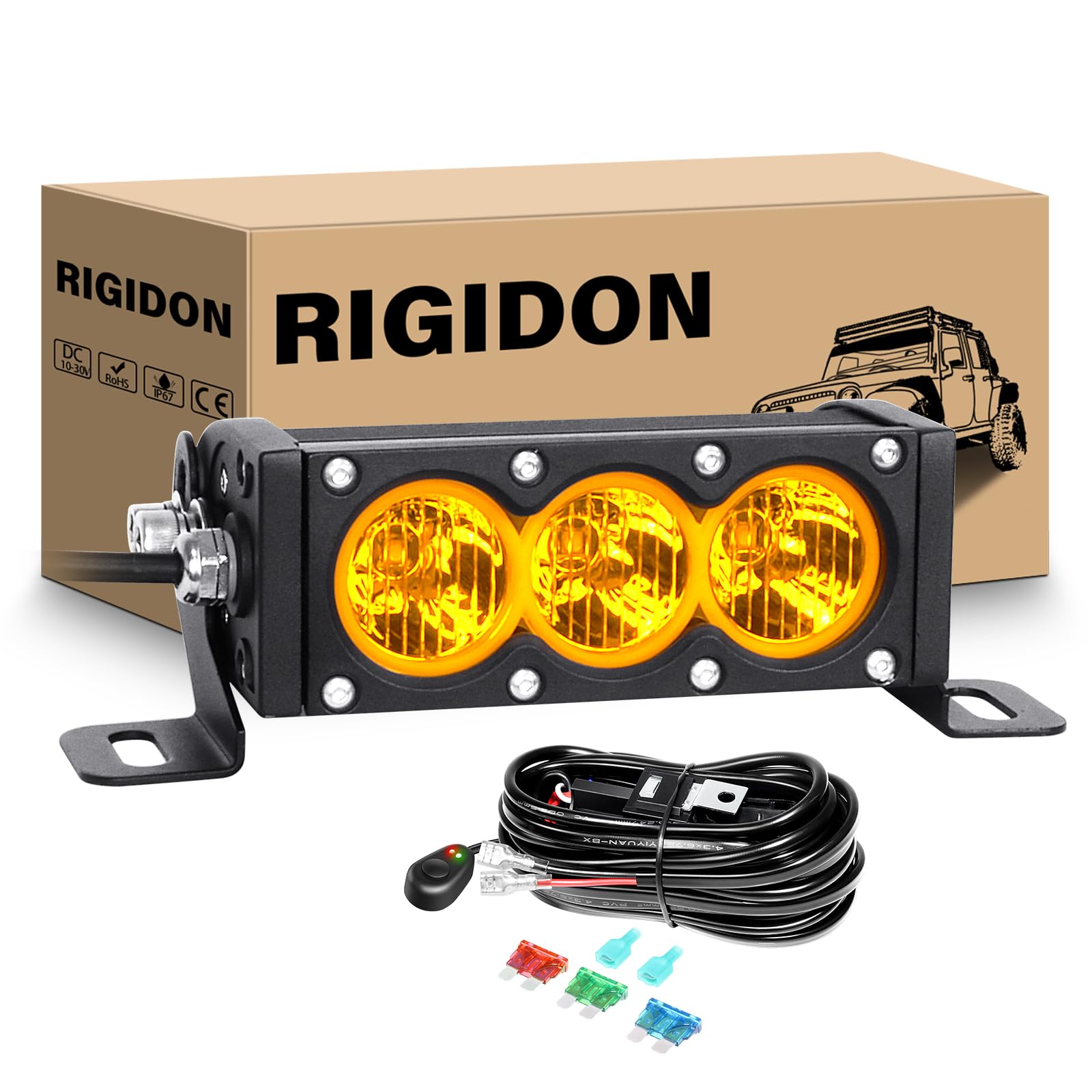 Photo 1 of RIGIDON 6 Inch 30W Single Row LED Light Bar with Wire Harness, Amber Flood Beam 3000LM Off-road Light Driving Boat LED Fog Work Light for Trucks ATVs UTVs SUVs Car