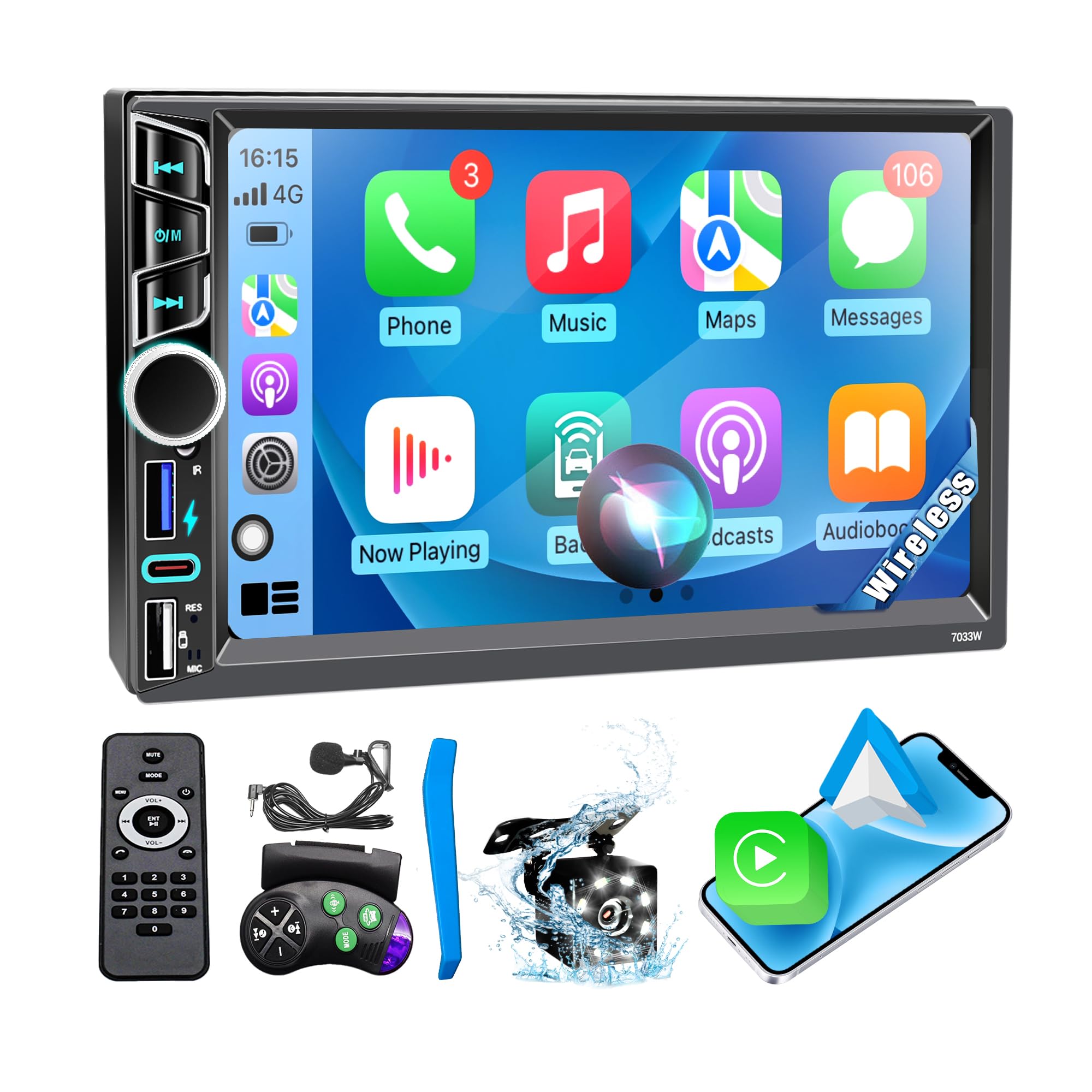 Photo 1 of 7" Double Din Car Stereo with Wireless Apple CarPlay&Android Auto,180W Outputs, Bluetooth 5.2/FM/USB-C/38W Fast Charge/Physical Knob/Weatherproof Backup Camera/USB,Stereo for 7x4.02in Double Din Size