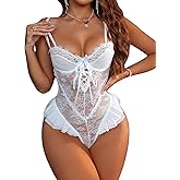 Gulinala Sexy Lingerie for Women Underwired Lace Bodysuit Ruffle Hem One Piece Teddy