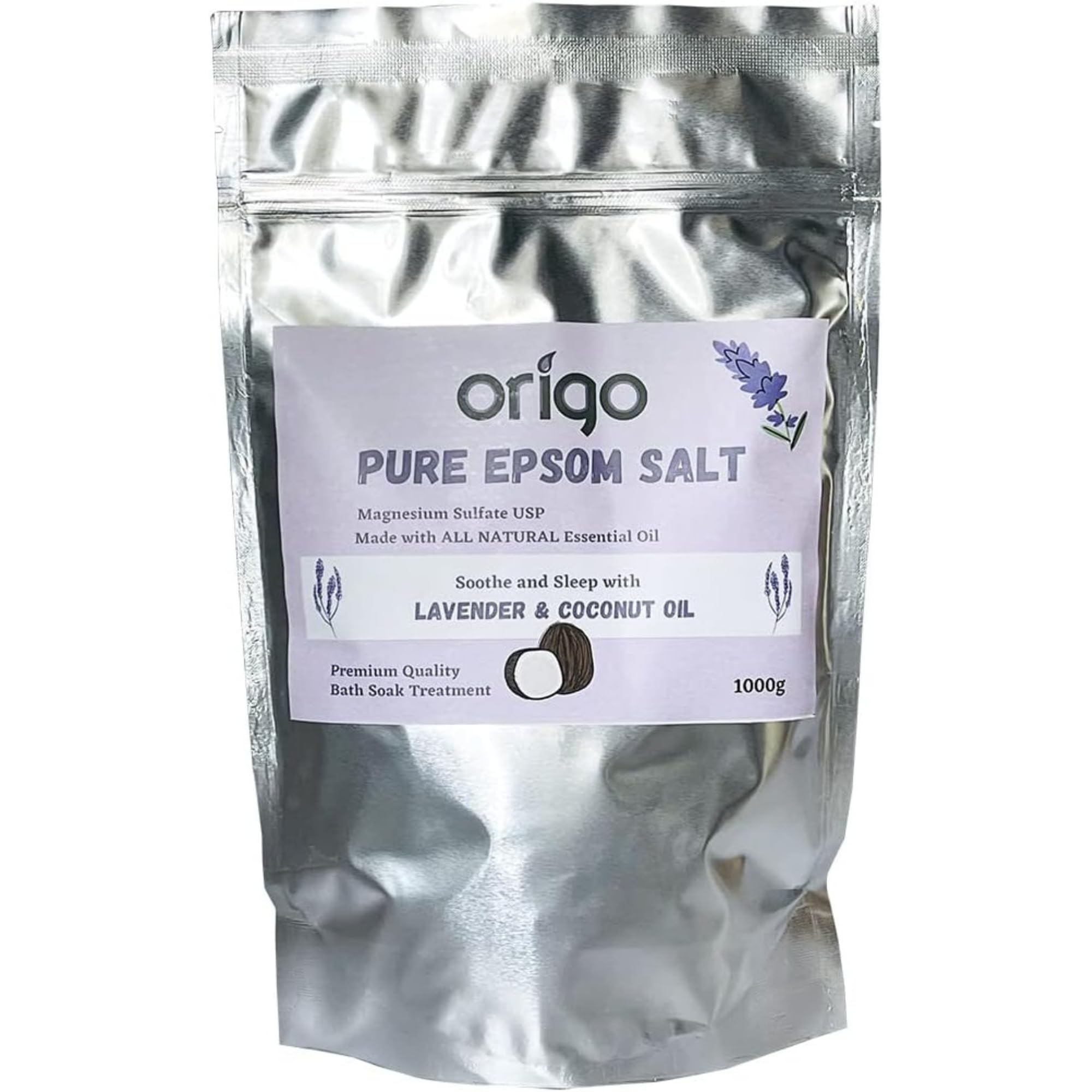 Origo Pure Epsom Salt with Lavender Oil and Coconut Oil 1KG || Best for Good Sleep - Stress Relief - Beauty - Relaxing - Bathing - Body Care