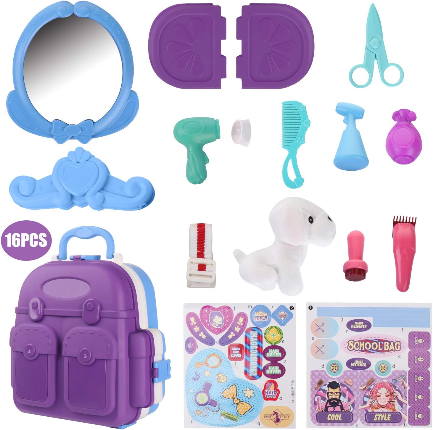 Kids Beauty Hair Salon Toy Pretend Play Hair Styling Set Simulation Hairdressing Kit with 3-in-1 Carrier Backpack, 16Pcs Role Play Educational Toy Pretend Game Gifts for Kids Girls Birthday Christmas: Toys & Games