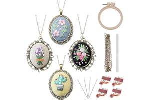 ZOCONE 4 Packs Embroidery Necklace Kit, Embroidery Pendant Kit Mini Cross Stitch Kit with Hoop, Necklace, Pendant, Stamped Pattern Cloth, Instructions, etc., Embroidery Kit for Adults