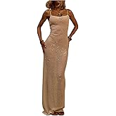 OYOANGLE Women's Spaghetti Strap Sparkly Sequin Mesh Cami Dress Sleeveless Fishtail Long Dresses