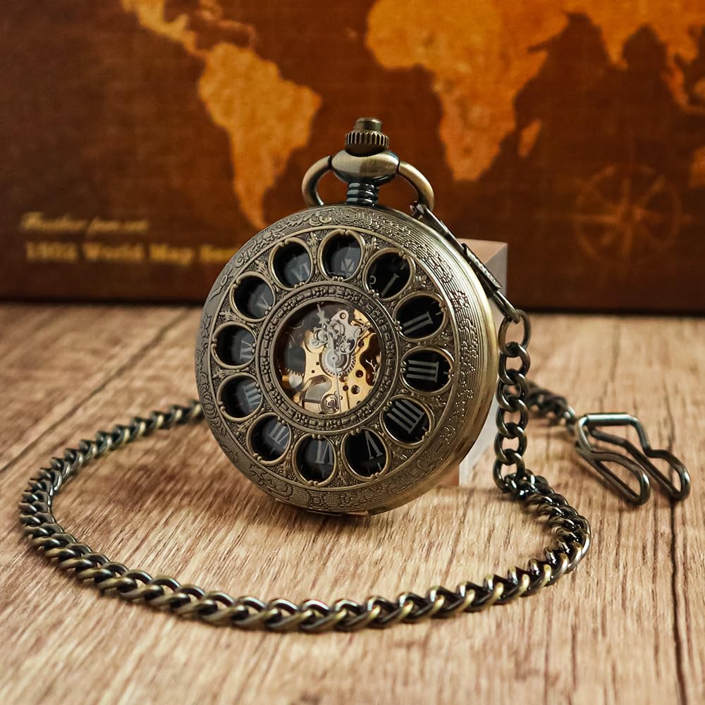 VIGOROSO Vintage Hand Wind Up Pocket Watches for Men, Mechanical Pocket Watch with Chain, Mens Skeleton Pocketwatch