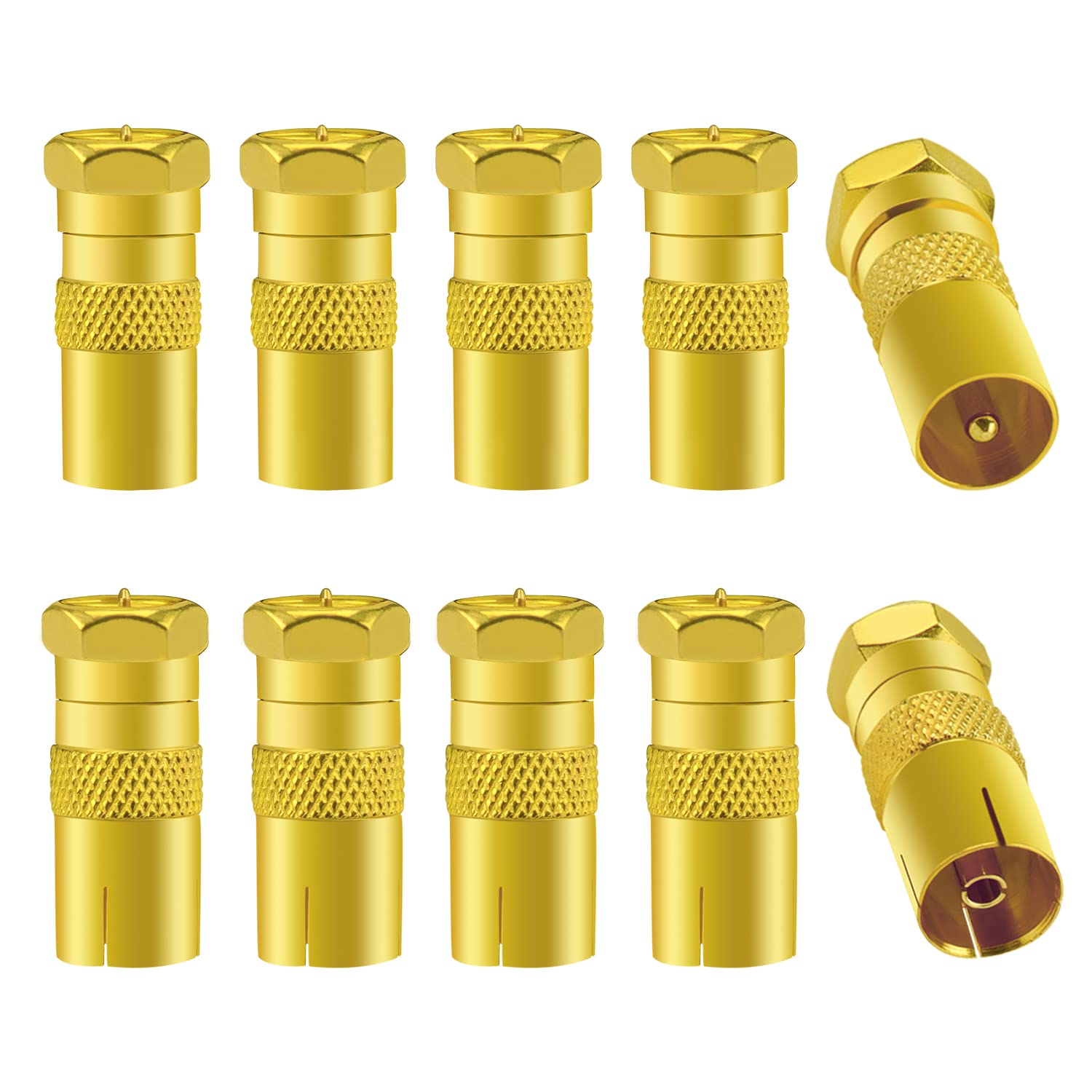 10 PCS F Male Plug to RF Male & Female Coaxial Aerial Adapter, KUOQIY TV 9.5 5 Male & 5 Female to F-Type Male Converter, F Type Screw Male Connector to RF Aerial Converter, Gold-Plated