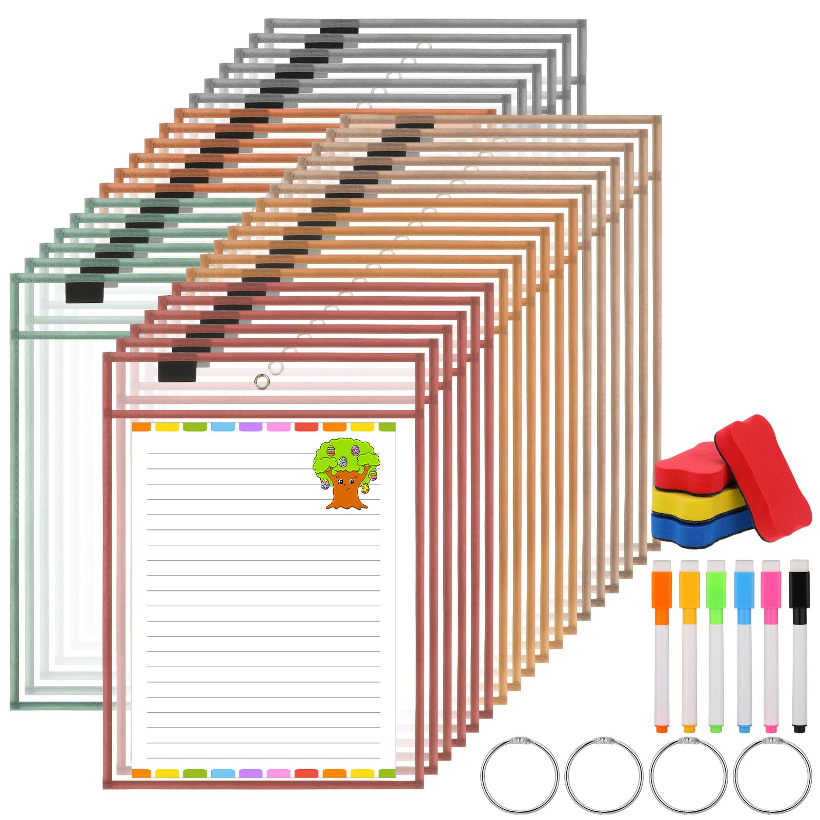Photo 1 of ************MISSING THINGS!!!!!!!AmazingSpark 36 Set Dry Erase Pockets 10" x 14" Clear Plastic Sheet Protector Boho Color Oversized Reusable Sleeves with 36 Marker 4 Eraser 4 Ring Job Shop Ticket Holder for Teacher Classroom Supply