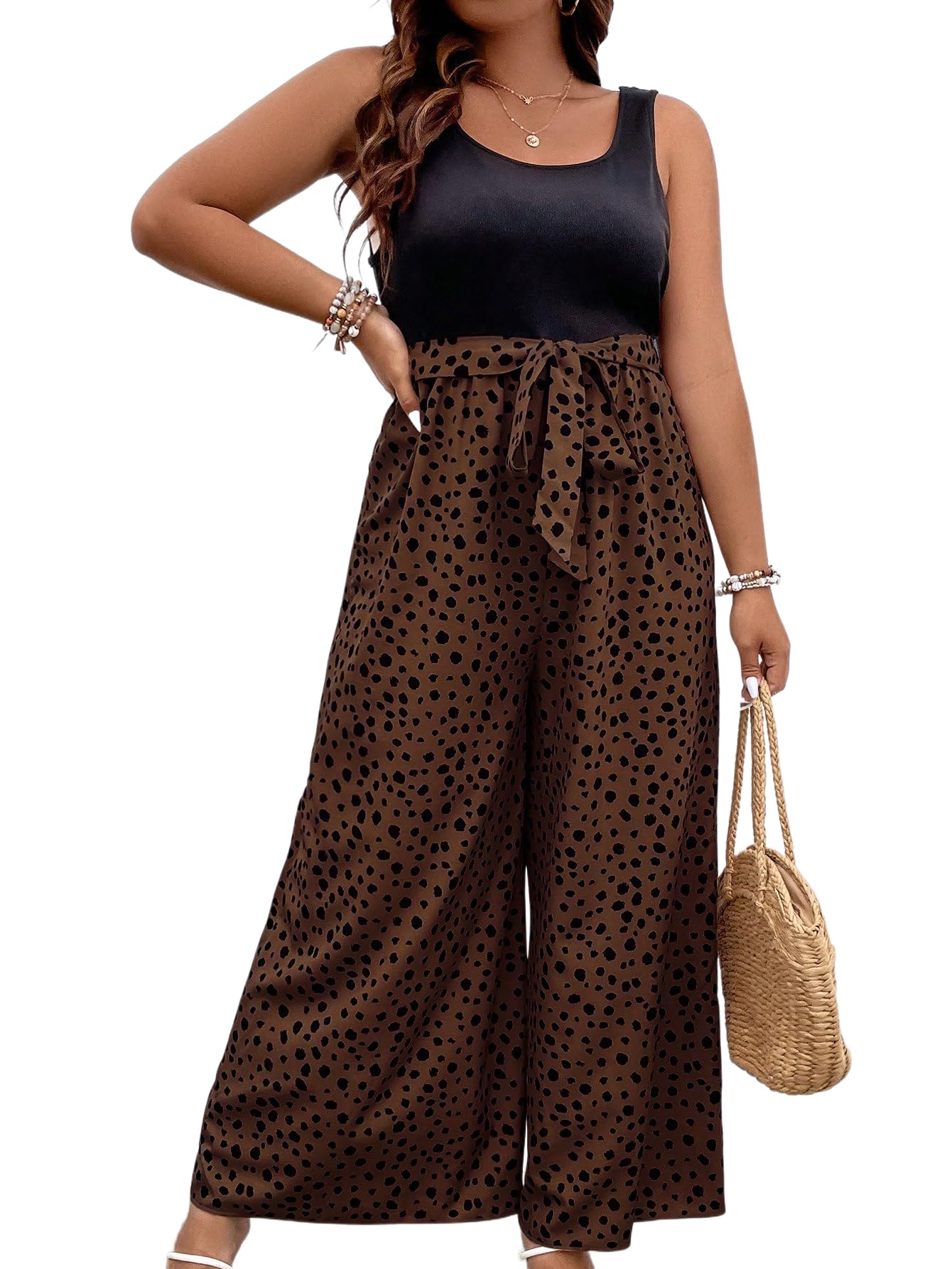 Photo 1 of Womens Plus Size Summer Printed Jumpsuit One Piece Sleeveless Tank Top Wide Leg Long Jumpsuits with Belt