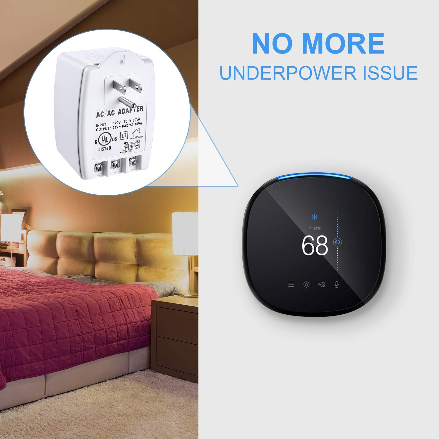 24VAC, 40 VA AC Transformer Plug in with PTC Fuse Compatible with Ring Nest Doorbell Thermostats UL Certified - - 