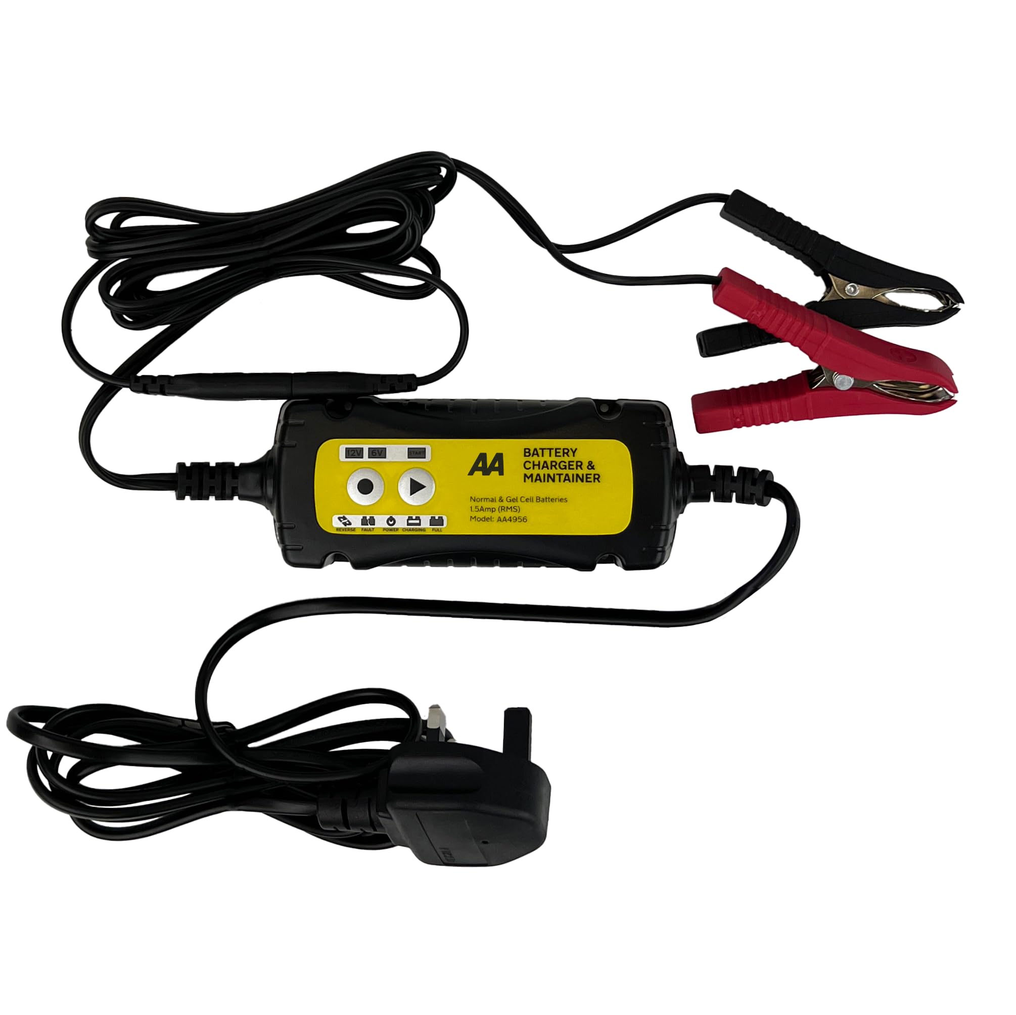AA AA4956 Car Battery Charger Maintainer UK Plug Fully Automatic with Crocodile Clamps Eyelet Connectors As Used By AA Patrols,Black/Yellow,1.5 Amp 6 V/12 V, Packaging May Vary