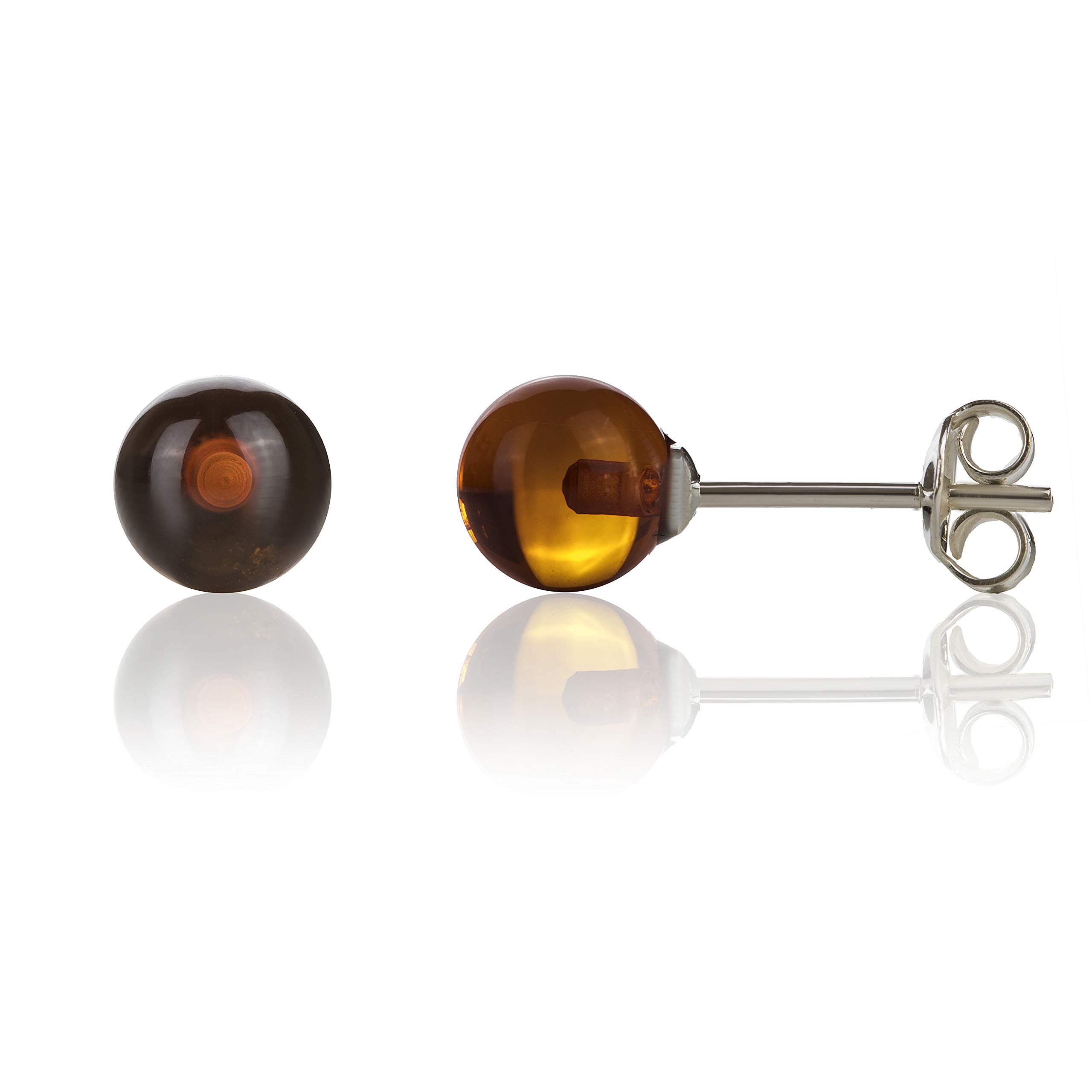 Amber Culture Amber Stud Ball Earrings - 925 Sterling Silver Hypoallergenic - Carved from Natural Baltic Resin Stone - (Cognac)