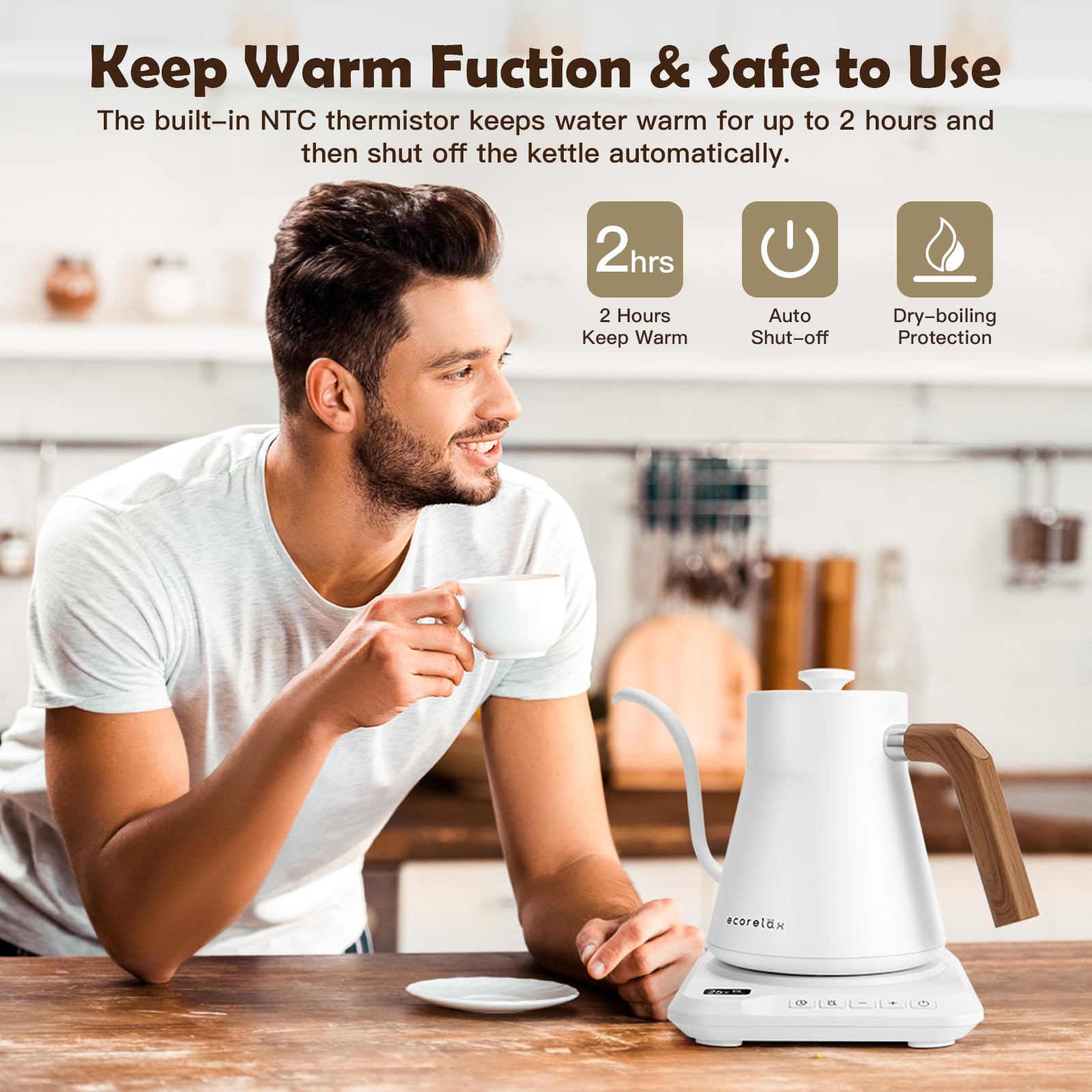 ECORELAX Hervidor eléctrico con cuello de cisne, control de temperatura ±1℉, hervidor para café, té y agua, acero inoxidable, 1200 W, pantalla OLED para mantener caliente, 1 L (blanco)