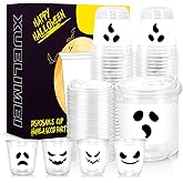 Xuelimei 12oz White Black Ghost Halloween Disposable Plastic Cups With Strawless Sip Lids Happy Halloween clear Cups for Party Supplies Coffee, Beer, Drinks, Ice Cream, Snack and More (50)