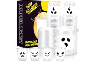 Xuelimei 12oz White Black Ghost Halloween Disposable Plastic Cups With Strawless Sip Lids Happy Halloween clear Cups for Party Supplies Coffee, Beer, Drinks, Ice Cream, Snack and More (50)