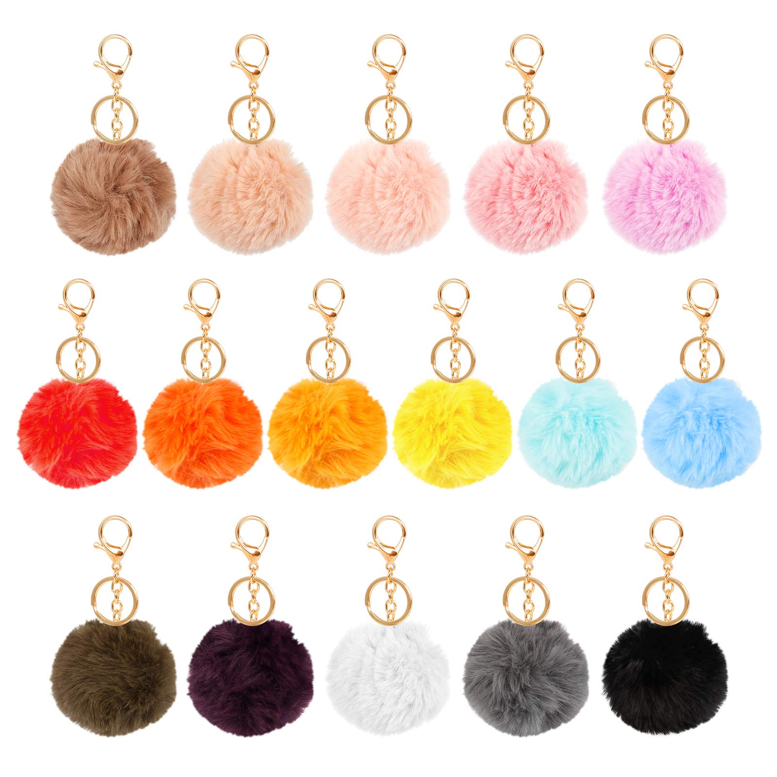 Iyowei 16 PCS Pom Poms Keychains, Plush Fluffy Faux Rabbit Fur Pompoms Keyring Ball Colorful pompom keychain for Women Girls Car Key Handbag Pendant