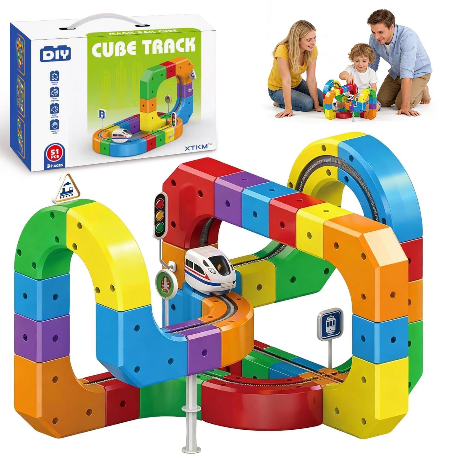 Clickrail Electric Train Set, Track Fusion Train Toy, Magic Rail Cube Train Set, Gravity-Defying 3D Embedded Layouts & Motorized Car, DIY Building Car Track Toys for Kids Boys Girls Gifts (51pcs)