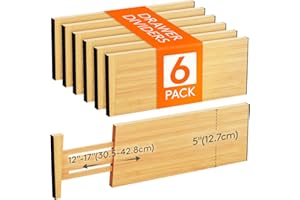 Lifewit 6 Pack Drawer Dividers Bamboo 5" High, 12-17" Adjustable Clothes Drawer Organizers, Expandable Dresser Separators in 