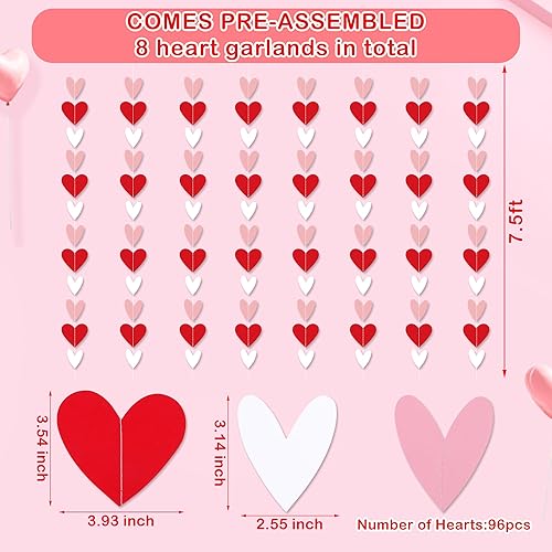 96 Red White Pink Heart Garland NO DIY Valentine's Day Party  Decorations Supplies, Valentine's Day Hanging