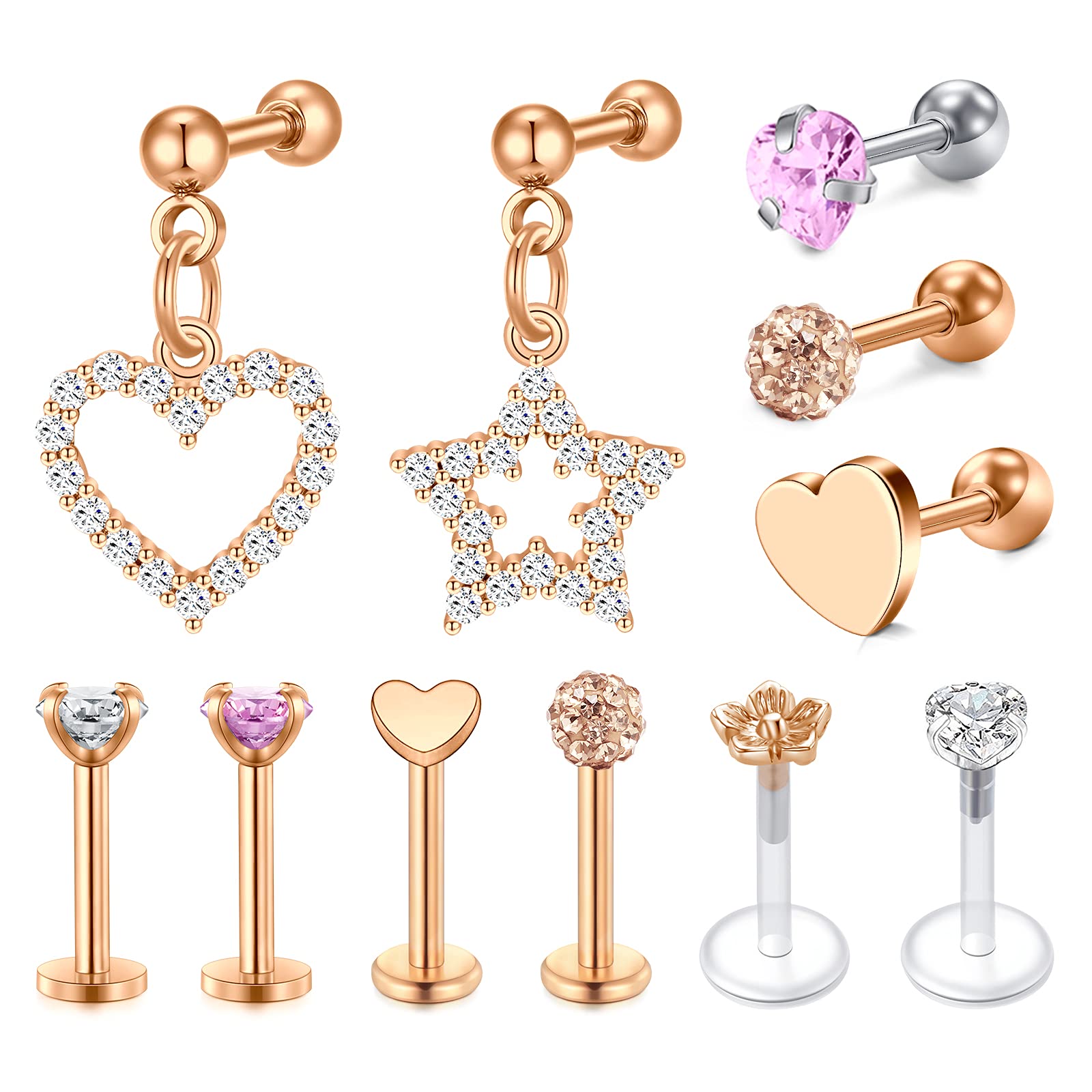 D.Bella 16g Cartilage Earrings Studs for Women 11 Pcs Forwards Helix Earring Hoop Rook Daith Conch Tragus Earrings Stainless Steel Piercing Jewelry