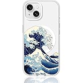 FEWGEY Clear Phone Case for iPhone 15 Compatible with Magsafe, The Great Wave Ocean Surf Simple Shark Beach Summer Designer Magnetic Shock Proof Heavy-Duty Protection for Men Boys Women Girls