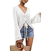 Saodimallsu Womens Boho Off Shoulder Sheer Crop Tops Bell Sleeve Flowy Oversized Crochet Ruched Pullover Sweaters