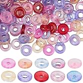 SUNNYCLUE 1 Box 100Pcs 10 Colors Glass Donut Bead Large Hole Transparent Beads Bulk Colorful Glitter Flat Round Crystal Heishi Circle European Small Loose Spacers for Jewelry Making Bracelet DIY Craft