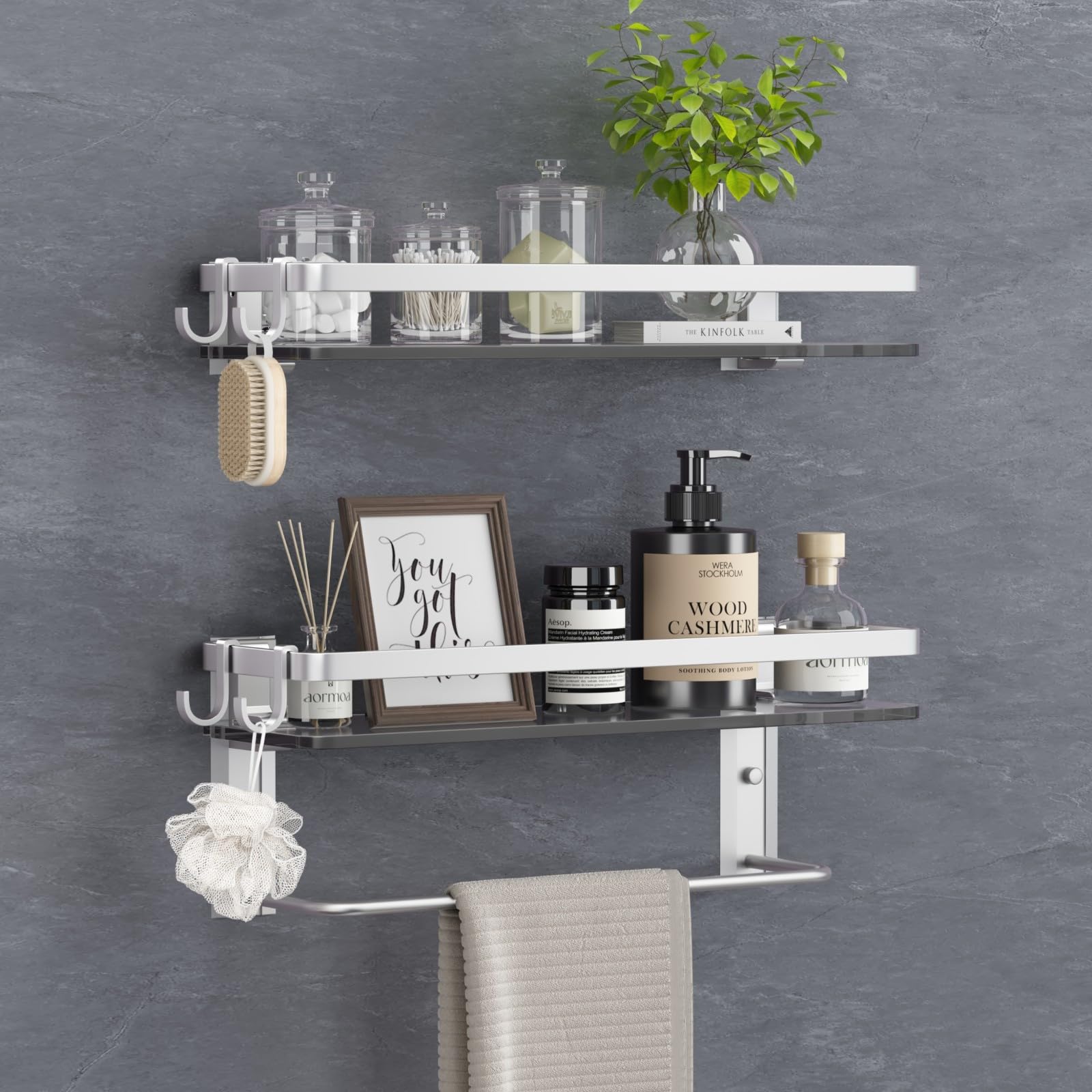 Photo 1 of VOLPONE Glass Shelf for Bathroom 15.7 in Bathroom Shelves with Towel Bar Tempered Glass Shelves with 4 Removable Hooks for Wall?2 Tier?
